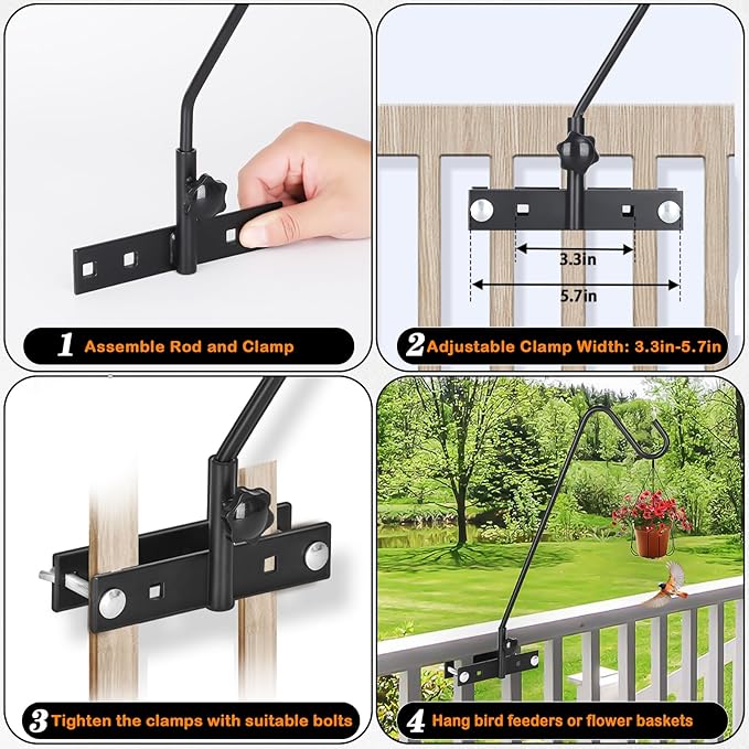 FEED GARDEN Upgraded 2 Pack 13.5 Inch Deck Hooks for Railing, Adjustable Deck Hangers, 360 Degree Swivel, for Hang Humming Bird Feeders,Lanterns, Wind Chimes, Flower Basket and Suet Baskets