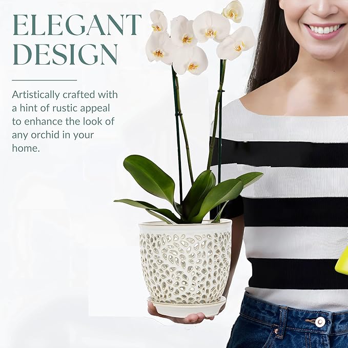 Elegant Orchid Pot with Holes, Large 6.5 inch Premium Porcelain Ceramic Orchid Pot for Repotting, Durable Ceramic Planter with Removable Saucer for Easy Drain, Planter Gifts for Moms