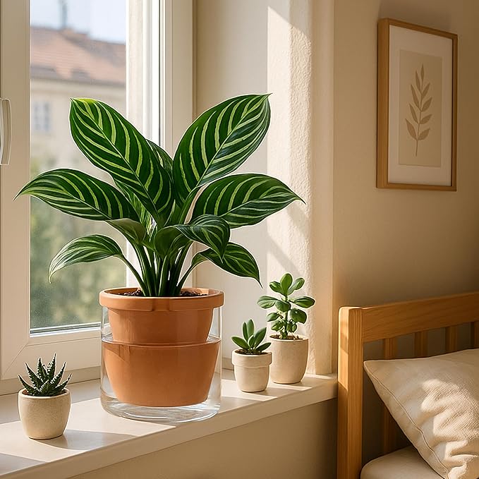 D'vine Dev 8 Inch Design Self Watering Pot for Indoor Plants, Terracotta Planter with Cylinder Glass Cup, 37-X-C-1