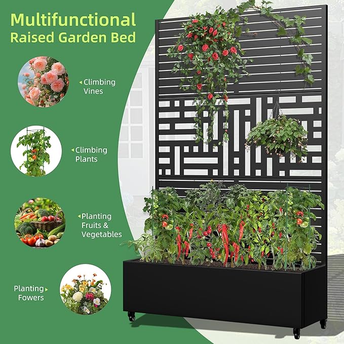 Casaphoria Metal Raised Garden Bed with Trellis and Wheels, 72"x47"x16" Planter Box for Climbing Plants, Vegetables & Vines, Features Drainage Holes and Privacy Screen, Black(Louvered&Helen)