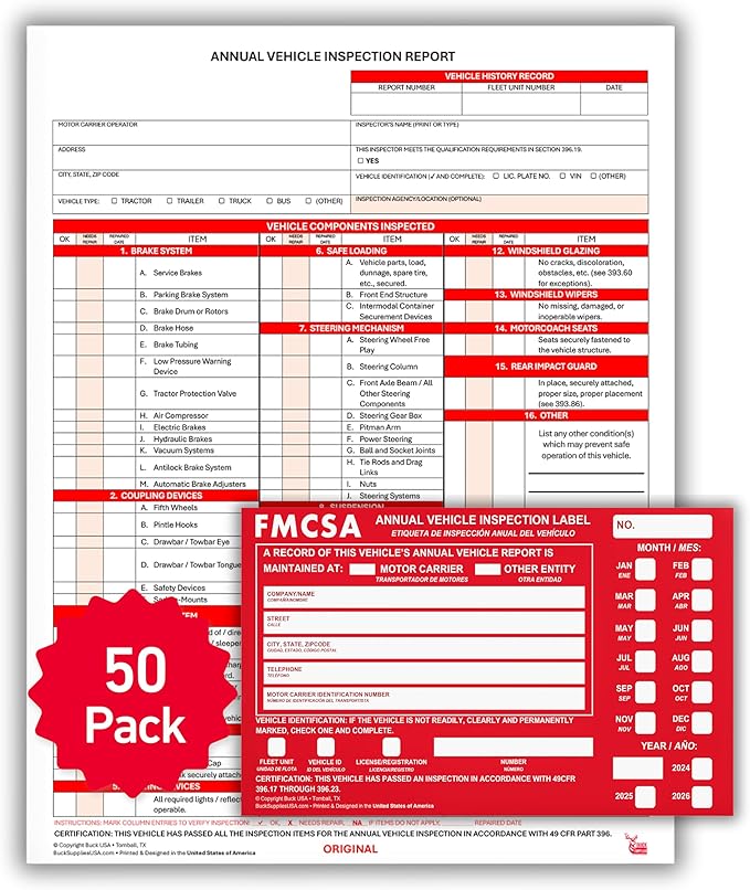 50 Pack 3-Ply Carbonless Annual Vehicle Inspection Report Forms with FMCSA Red Aluminum Adhesive Labels, DOT Inspection Forms and Stickers, Shrink-Wrapped, 8.5" x 11.75" - Made in USA