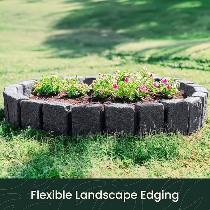 Beuta Landscape Edging | Garden Edging Border | Faux Stone Block XL for Lawn Edging, Flower Beds & Yard Edging – 4 Pack | Each Section Has 6 Blocks 48" L x 4" W x 9.5" H | 12 Spikes | Charcoal