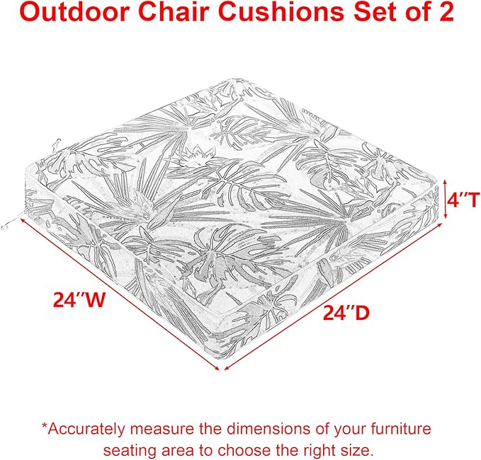 Favoyard Outdoor Chair Cushion 24 x 24 x 4 In Waterproof Pattern Fade Resistant Cushions for Patio Furniture with Removable Cover Attach Straps 28D Foam Insert Cushions Pads for Seat Sofa Couch 2 Pack