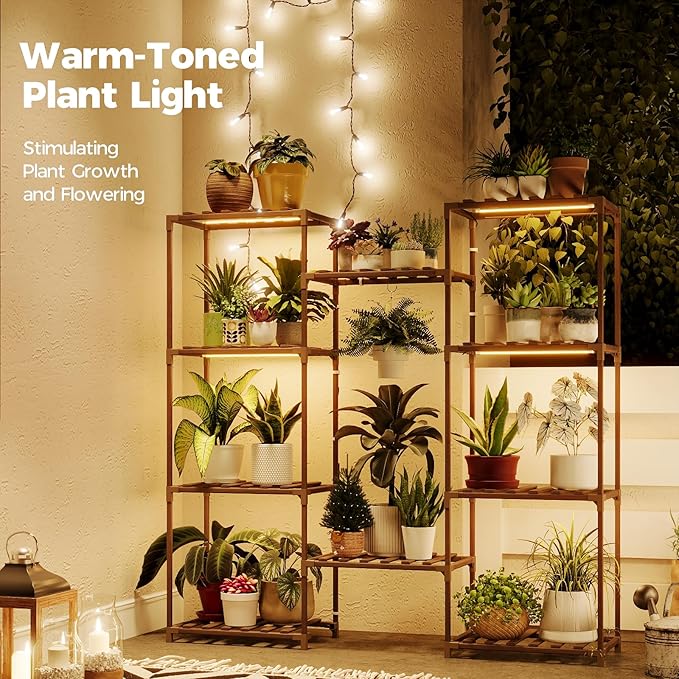 Bamworld Plant Stand with Grow Lights Large Plant Shelf for Mutiple Pots Plant Holder for Living Room Patio Boho Home Decor for Gardening Warm Light