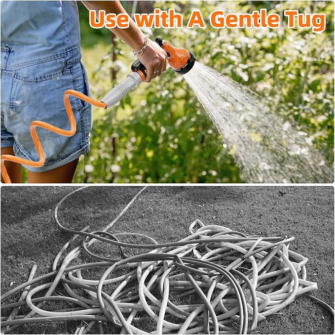 3/8” Lightweight Coil Garden Hose 75 FT, EVA Retractable Curly Water Pipe with 6-Pattern Spray Nozzle for Boat, Greenhouse, Yard, Patio (Orange)