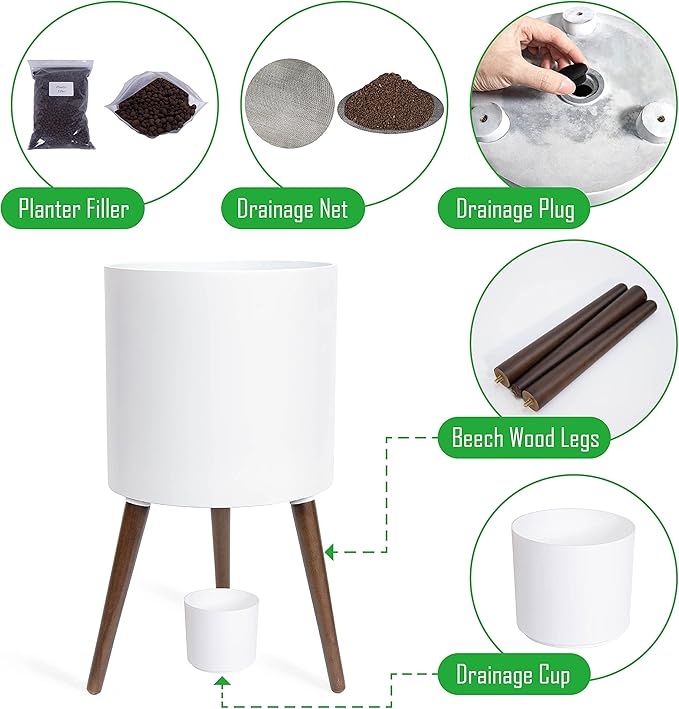 D'vine Dev 14 Inch Planter Pot with Stand, Mid-Century Tall Plant Pot with Legs for Indoor Plants, X-Large, White, 88-O-D-1