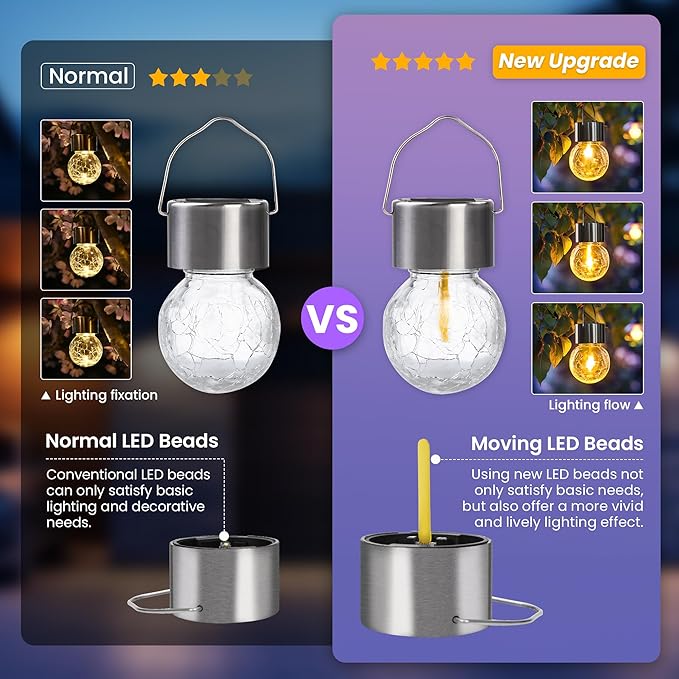 Hanging Solar Lights Outdoor,New Upgraded Moving Led Beads,Solar Powered Waterproof Lighting,8 Pack Hanging Globe Solar Lights for Garden Yard Fence Christmas Decoration (Multiple Colors)