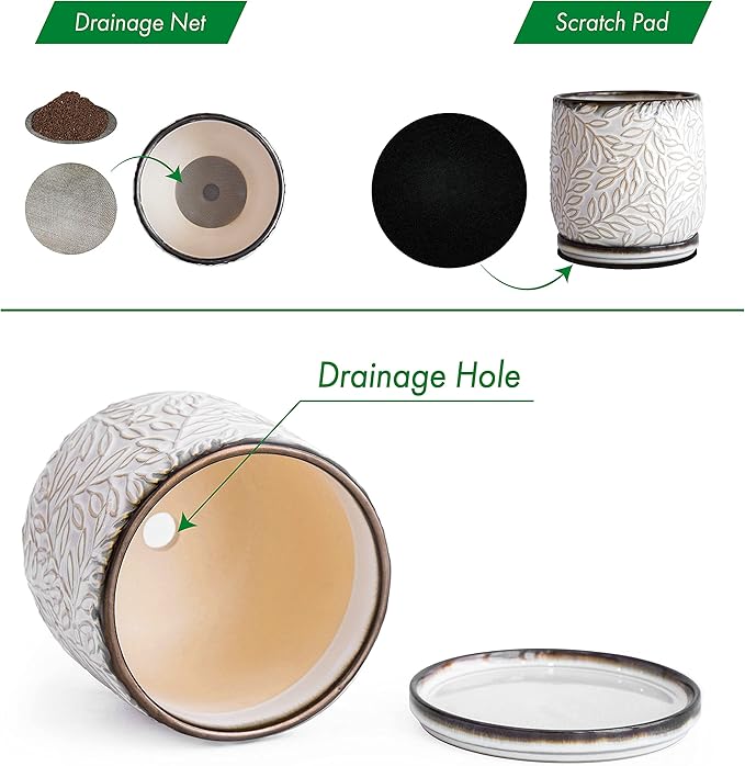 D'vine Dev 6 Inch Embossed Leaves Stoneware Planter Pot with Drainage Hole and Saucer, Smoked White, Set of 1, 27-A-X-1