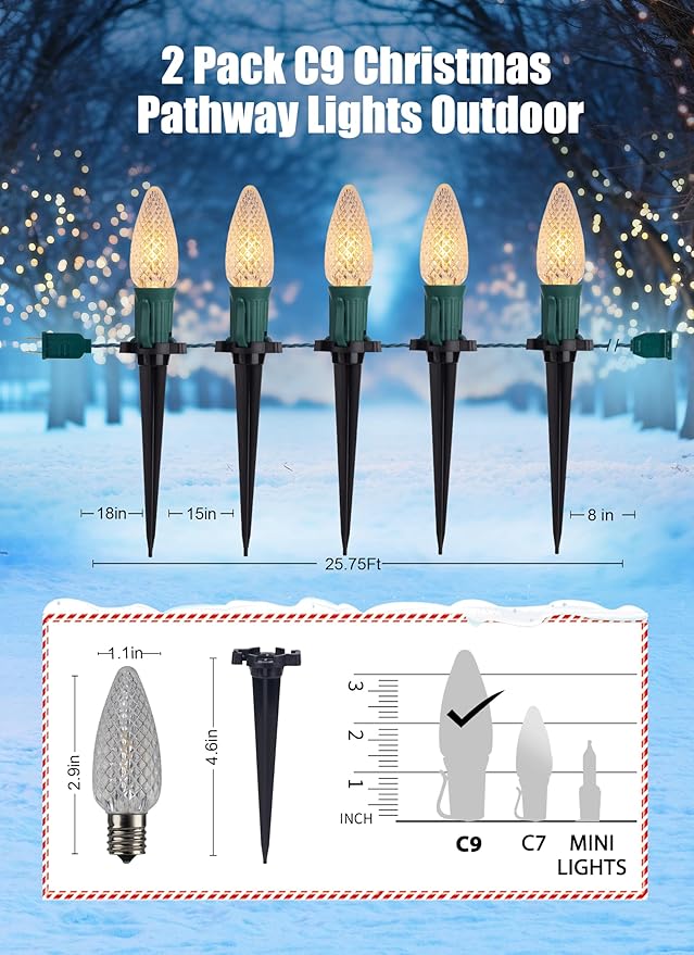 C9 Christmas Pathway Lights Outdoor, 25.7 Feet 20 LED C9 Strawberry Walkway Lights with Marker Stakes, Connectable Shatterproof C9 String Lights for Lane Outside Yard Decorations, Warm White, 2 Pack