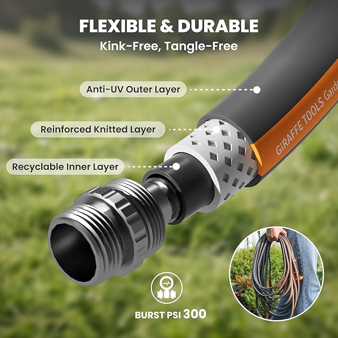 Giraffe Tools Garden Hose 5FT, 5/8" Lightweight Lay Flat Water Hose, Custom Length, Flexible, Leakproof Hybrid Hose Pipe with Male to Female Fitting