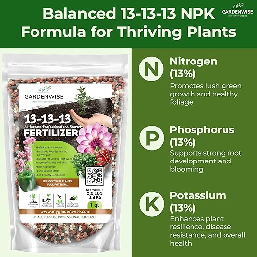 13-13-13 Slow Release Granular Fertilizer – All Purpose Plant Food 13 13 13 for Outdoor Grass, Vegetables, Roses, Flowers, Shrubs, Trees. Lawns, Gardens, Potted Plants (2 quarts)