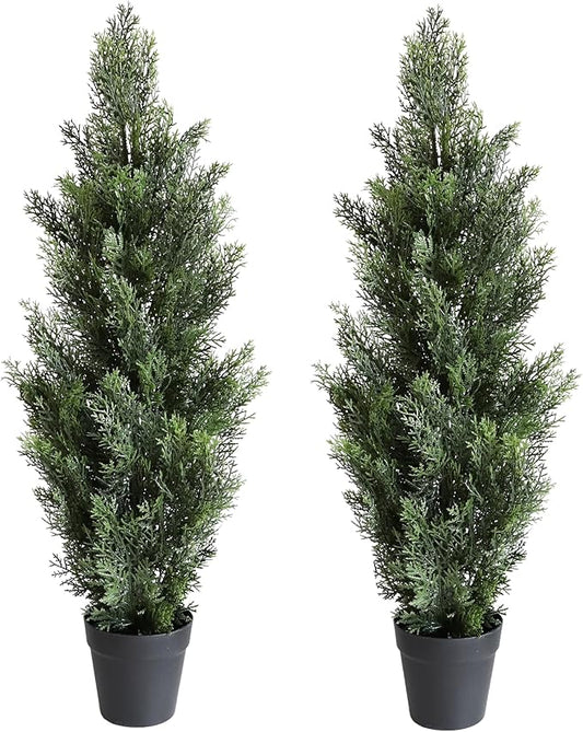 momoplant Artificial Cedar Topiary Trees 3 Ft Fake Cedar Shrubs Set of 2 Faux Cypress Potted Plants for Outdoor Indoor Decor