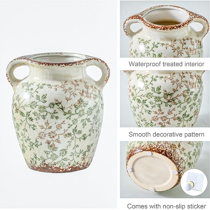 Enra Vintage vase,7.8 Inch Green and Beige Ceramic Decorative Flower vase, Chinoiserie Floral Vase,Large Rustic Vases for Home Decors, Living Room, Bookshelf, Office