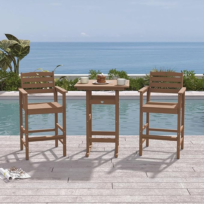 Tall Adirondack Chairs Set of 4, HDPE Wood Balcony Adirondack Chairs Set with Heart Cutout Design, Weather-Resistant Bar Height Furniture for Deck, Porch, Pool (Teak)