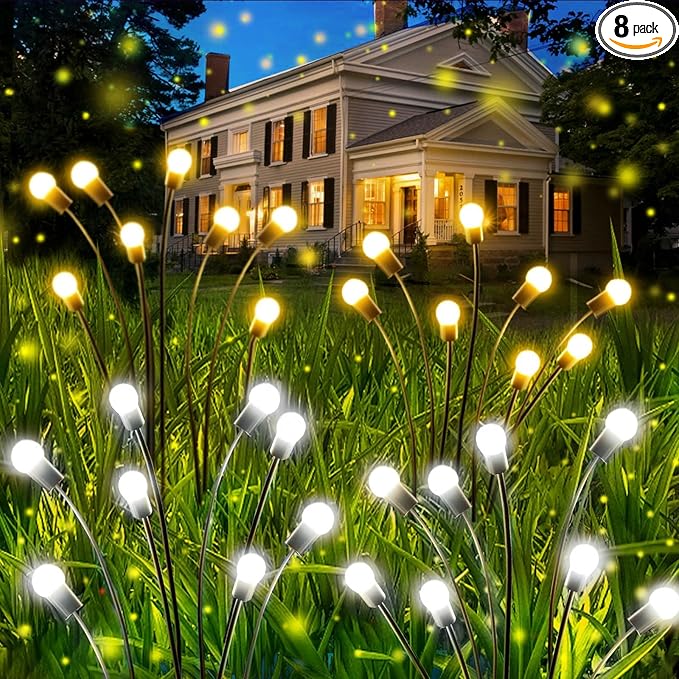 OZS 4-Pack Warm White &4-Pack Cool White Total 64LED Solar Garden Lights - Solar Lights Outdoor, Solar Firefly Lights, Sway by Wind,Solar Fairy Lights Waterproof for Yard Garden Decoration