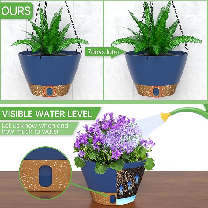 ZMTECH Hanging Planters for Indoor Plants Set of 2 Self Watering Hanging Pots Hanging Baskets Hanging Flower Pots for Outdoor Hanging Plants(10 Inch, Blue)