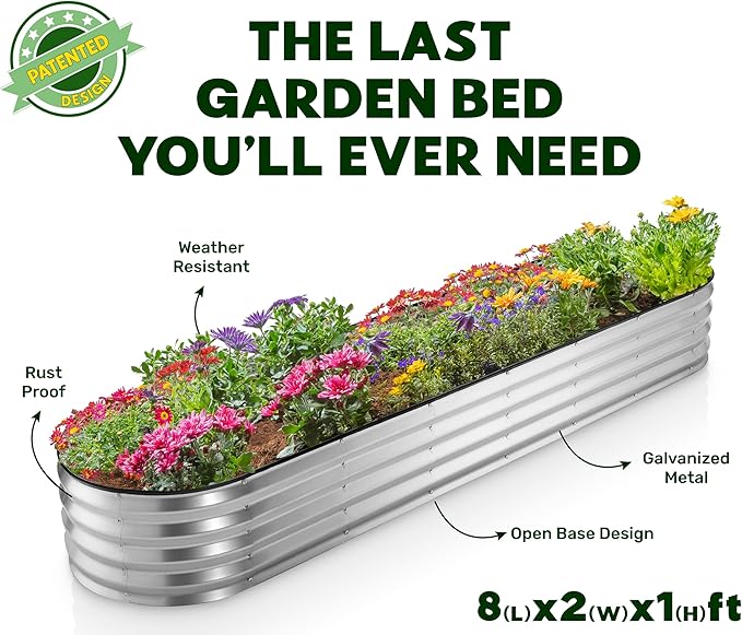 Galvanized Raised Garden Beds Outdoor // 8×2×1 ft Planter Raised Beds for Gardening, Vegetables, Flowers // Large Metal Garden Box (Silver) // Patented Tool-Free Design