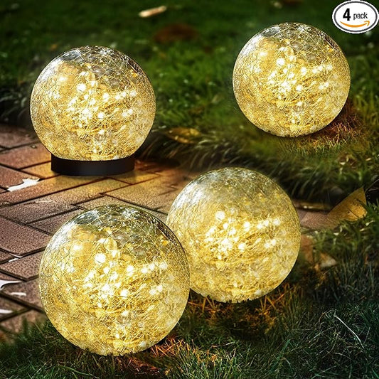Solar Garden Lights Outdoor Waterproof, 4 Pack Cracked Glass Ball Light, Ground Landscape Garden Decor, Solar Globe Decorative for Pathway/Patio/Lawn/Yard (Warm White, 4.7")