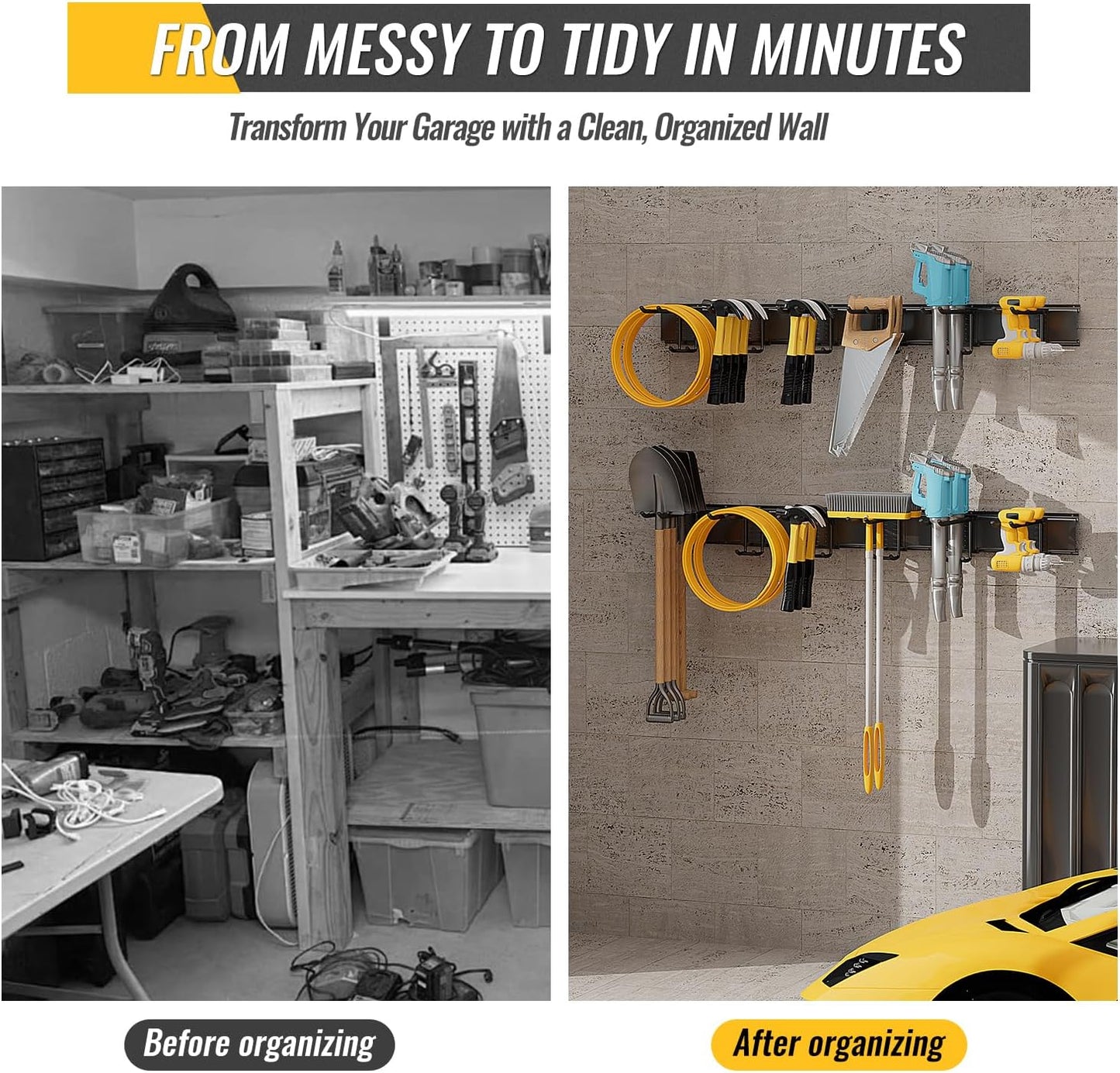 Garage Tool Rack Wall Mount – 64 inches Heavy-Duty Garden Tool Holder with 8 Adjustable Hanging Hooks – Garage Wall Storage Organizer for Shovel, Rake – Max Load 720 lbs (64 inch)