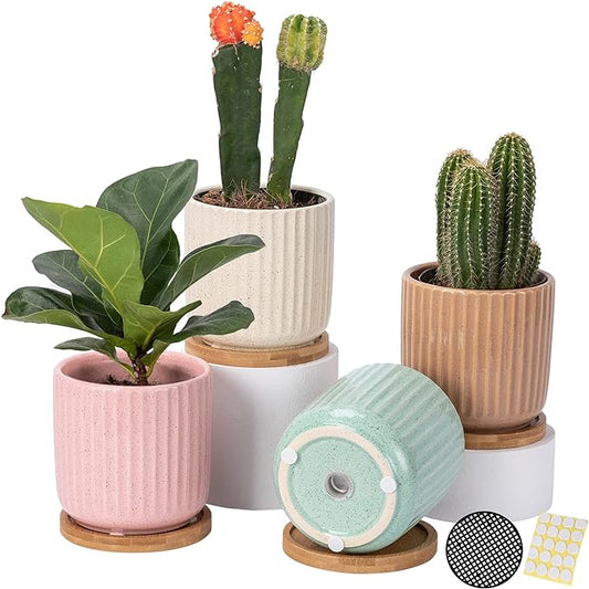 OMAYKEY 4 Inch Ceramic Plant Pot with Saucer, Adorable Stripe Multicolor Small Planters Pots with Drainage Hole & Mesh Pads for Succulent, Snake Plants, Cactus, Herbs - Set of 4