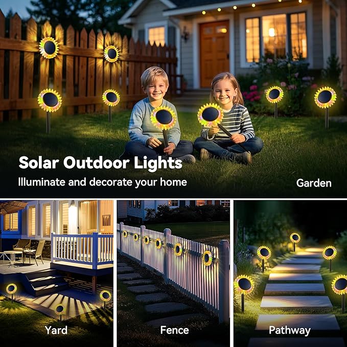 Hogni 6PK Solar Garden Lights, Ground Stake/Hang 2 in 1 Solar Sunflowers Outdoor Waterproof IP67, Outdoor Decor for Pathway Walkway Landscape Backyard Fence Decoration