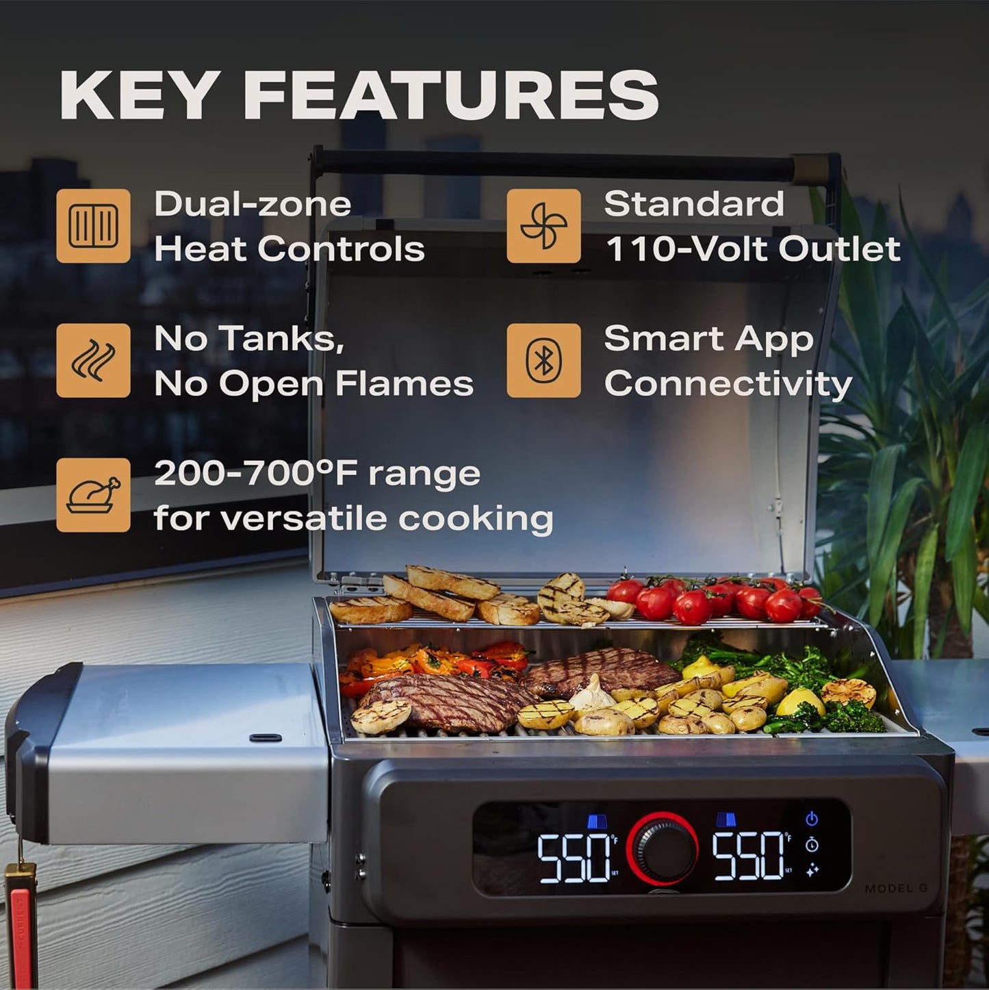 Current® Model G Dual Zone Grill, Smart Electric Outdoor Grill with 200°F to 700°F Range for Searing & Roasting, Digital Precision, Independent Heat Zones, Apartment-Friendly & Weather-Resistant