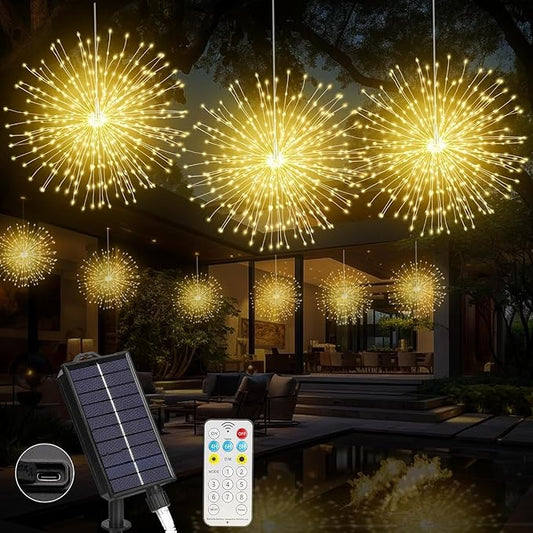 Solar Firework Lights Outdoor, 600 LED Starburst Light Outdoor with USB Rechargerable, 8 Modes Waterproof Solar Hanging Lights for Gazebo Yard Party Wedding Decorations (Warm White, 600 LED)