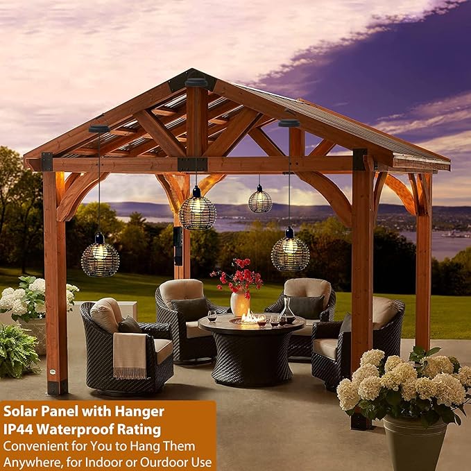 Hanging Solar Lantern Lights Waterproof, Outdoor Chandelier with G50 Warm White LED Bulbs, Black Rattan Globe Shades, Solar Decorative Lights for Patio Tree Pergola Gazebo Porch Garden-2Pack