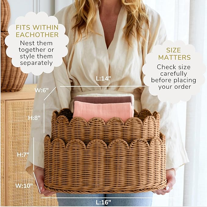 BEBE BASK Premium Scalloped Basket Set Of 2 - Scallop Basket - 16 x 10 x 7 Inch - Hand-Woven Elegant Wicker With Scalloped Edge - Nursery Storage (Mocca)