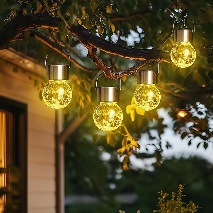 GIGALUMI 16 Pack Solar Outdoor Lights, Solar Hanging Lights for Christmas Decoration-Cracked Glass Solar Lights Outdoor Waterproof for Garden, Yard, Fence, Tree(Warm White)