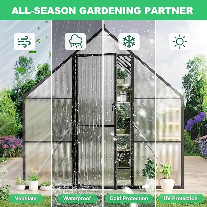 Greenhouse 6x7 FT Aluminum-Framed Heavy Duty Polycarbonate with Quick Setup Structure and Roof Vent Large Enhanced Outdoors Green House Kit