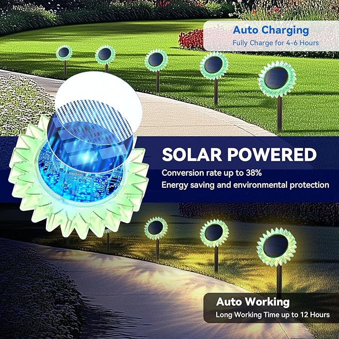 Hogni 6PK Solar Garden Lights, Ground Stake/Hang 2 in 1 Solar Sunflowers Outdoor Waterproof IP67, Outdoor Decor for Pathway Walkway Landscape Backyard Fence Decoration