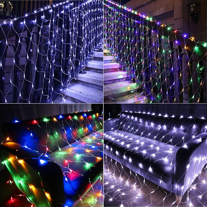 LYHOPE 12ft x 5ft 360 LED Christmas Net Lights, 11 Modes 30V Christmas Net Lights, Clear White-Multi Color Changing Mesh Decorative Net Lights for Xmas Tree Bush Wedding Garden Outdoor Indoor Decor