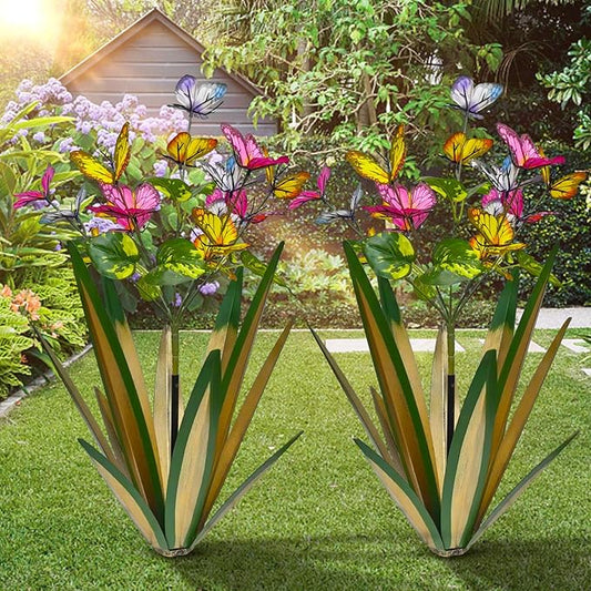 Garden Outdoor Butterfly Enlarge Thickened Wind Resistant Metal Agave Garden Art Metal Plant Country Sculpture Statue Decorations Ornaments Artificial Waterproof Butterflies(Light Green 2pcs)