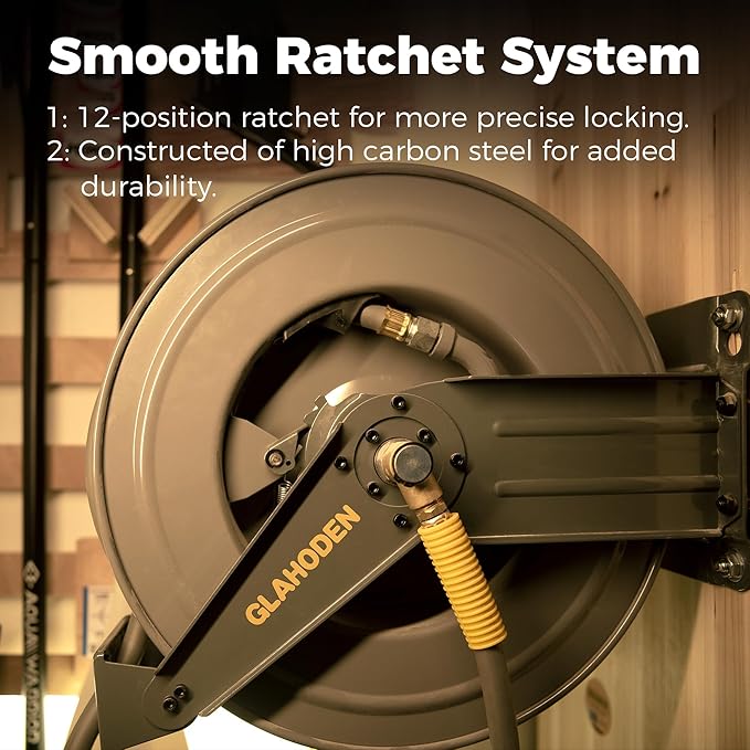 Double Arm Air Hose Reel 50 ft Retractable, 1/2 in Hybrid Hose Heavy Duty Steel Professional Air Compressor Hose Reel with 5 ft Lead in Max 300PSI Auto Rewind Quick Coupler Swivel Fitting