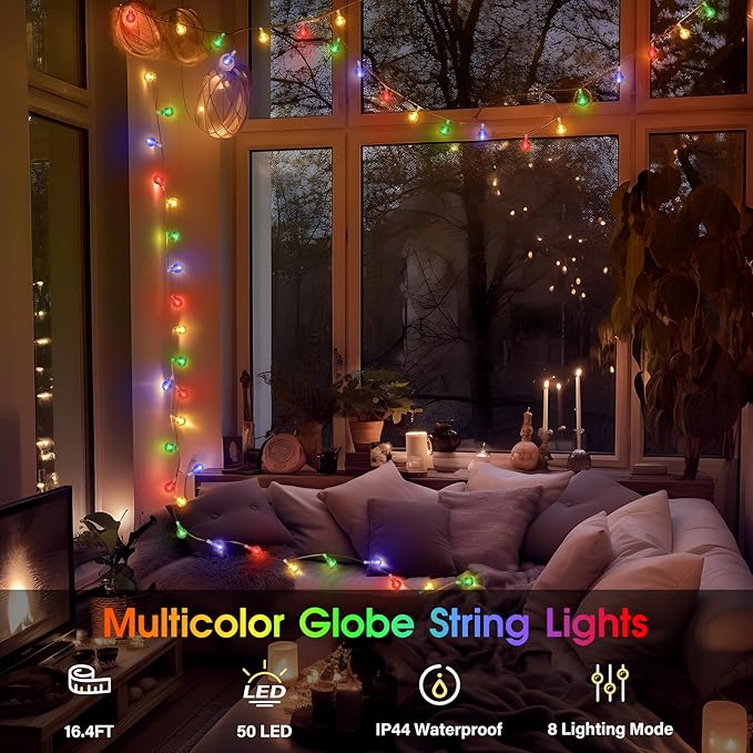 2 Pack Globe String Lights Indoor Bedroom Battery Operated, 16.4ft 50LED Crystal Fairy Light IP44 Waterproof Outdoor Hanging Decorative Lights for Home Tent Patio Garden Party Decor