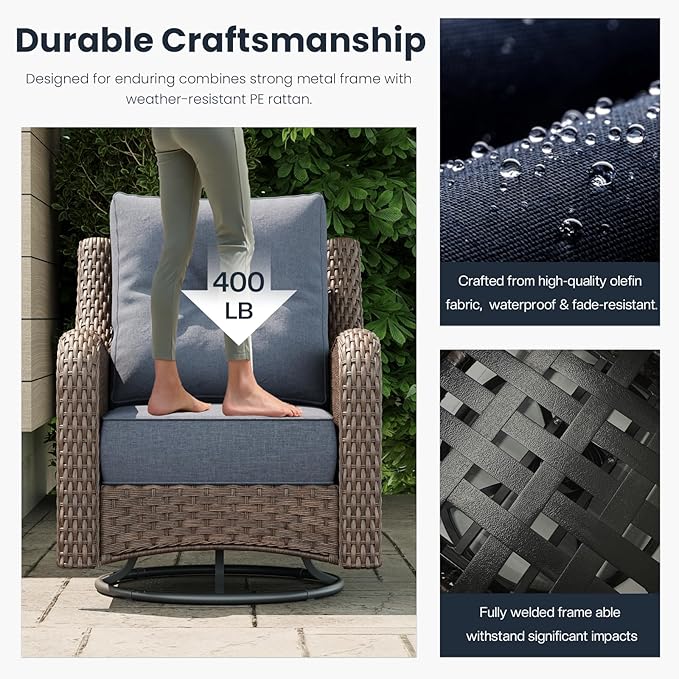 5 Pieces Outdoor Patio Furniture Sets with Rocking Swivel Chairs with 6-inch Thick Cushion and Side Table for Deck Lawn