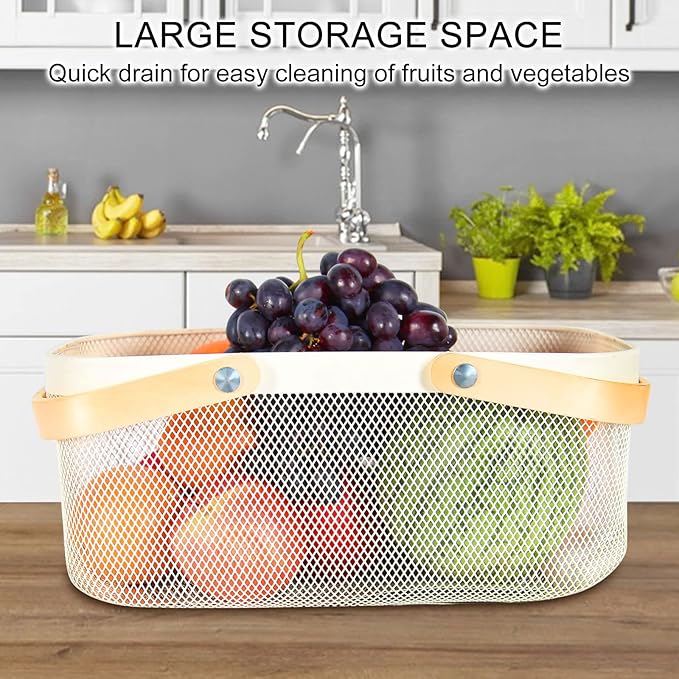 Garden Harvest Basket,Delicate Harvest Basket for Garden Vegetables,Practical Metal Mesh Wire Basket with Handle Suitable for Bathroom,Cabinet,Kitchen(White)