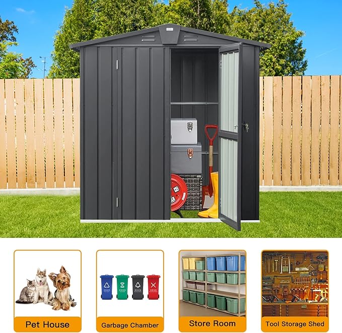 Domi Outdoor Storage Shed 5.7' x 3’, Metal Garden Shed with Galvanized Steel Frame for Bike, Tools, Lawn Mowers, Pool Toys, Outdoor Storage Cabinet with Lockable Door for Garden Lawn Patio (Dark Grey)