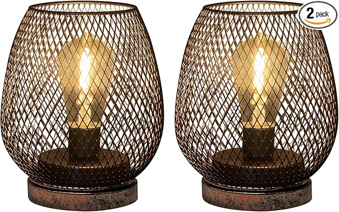 2 Pack Battery Operated Lamp Outdoor Table Lantern,Metal Cage Cordless Lamps with LED Bulb for Weddings Parties Patio Events Indoor Outdoor Patio Bedroom Living Room(Bronze)