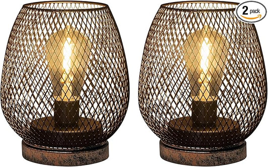 2 Pack Battery Operated Lamp Outdoor Table Lantern,Metal Cage Cordless Lamps with LED Bulb for Weddings Parties Patio Events Indoor Outdoor Patio Bedroom Living Room(Bronze)