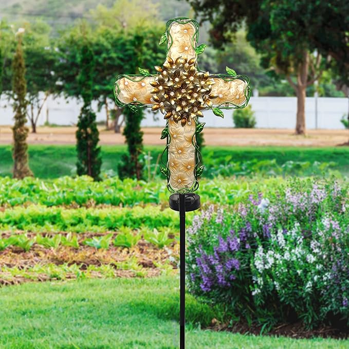 38inch Solar Cross Garden Lights Outdoor Decorative - Solar Metal&Glass Cross Apricot Hydrangea Flower Stake Lights- Waterproof 20 White LED for Remembrance Gifts & Sympathy Gifts