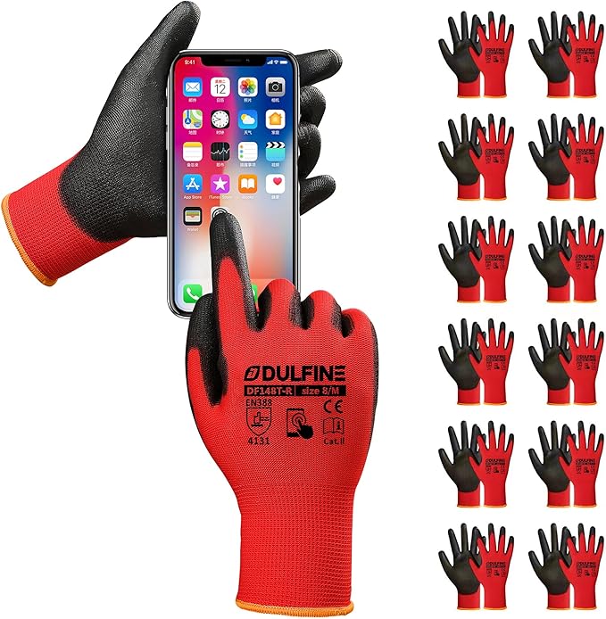 DULFINE Safety Work Gloves PU Coated for Men and Women-12 Pairs,Red Seamless Knit Glove with Two Fingers Touchscreen,Ideal for General Duty Work (Medium)