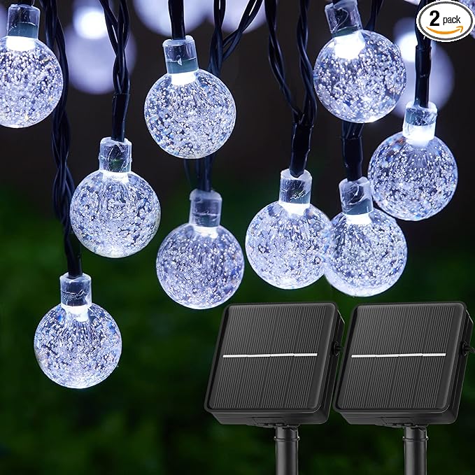 Brightown 2-Pack 120 LED 72 FT Solar String Lights Outdoor, Crystal Globe Lights with 8 Lighting Modes, Waterproof Solar Powered Patio Lights for Garden Yard Porch Wedding Party Decor (Pure White)