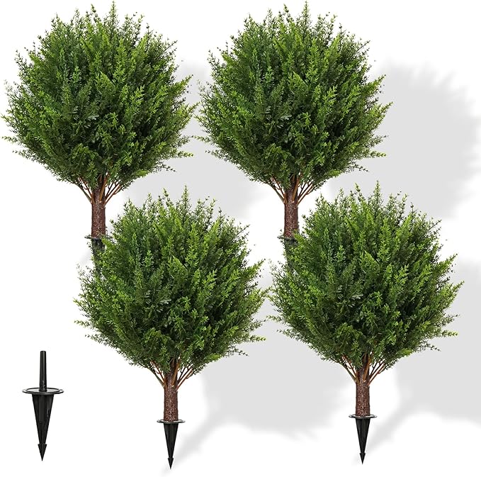 Artificial Cedar Shrub Ball Trees Two 15.8inch with Ground Spikes, can be Planted in The Ground and in pots, Outdoor Artificial Plants Resistant to UV Rays (4pcs)