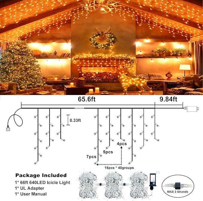 Christmas Icicle Lights Outdoor, 66ft 640 LED Icicle Lights for Outside with 8 Modes Timers, Waterproof Plug in Twinkle String Light for House Yard Eave Patio Party Holiday Decorations, Orange