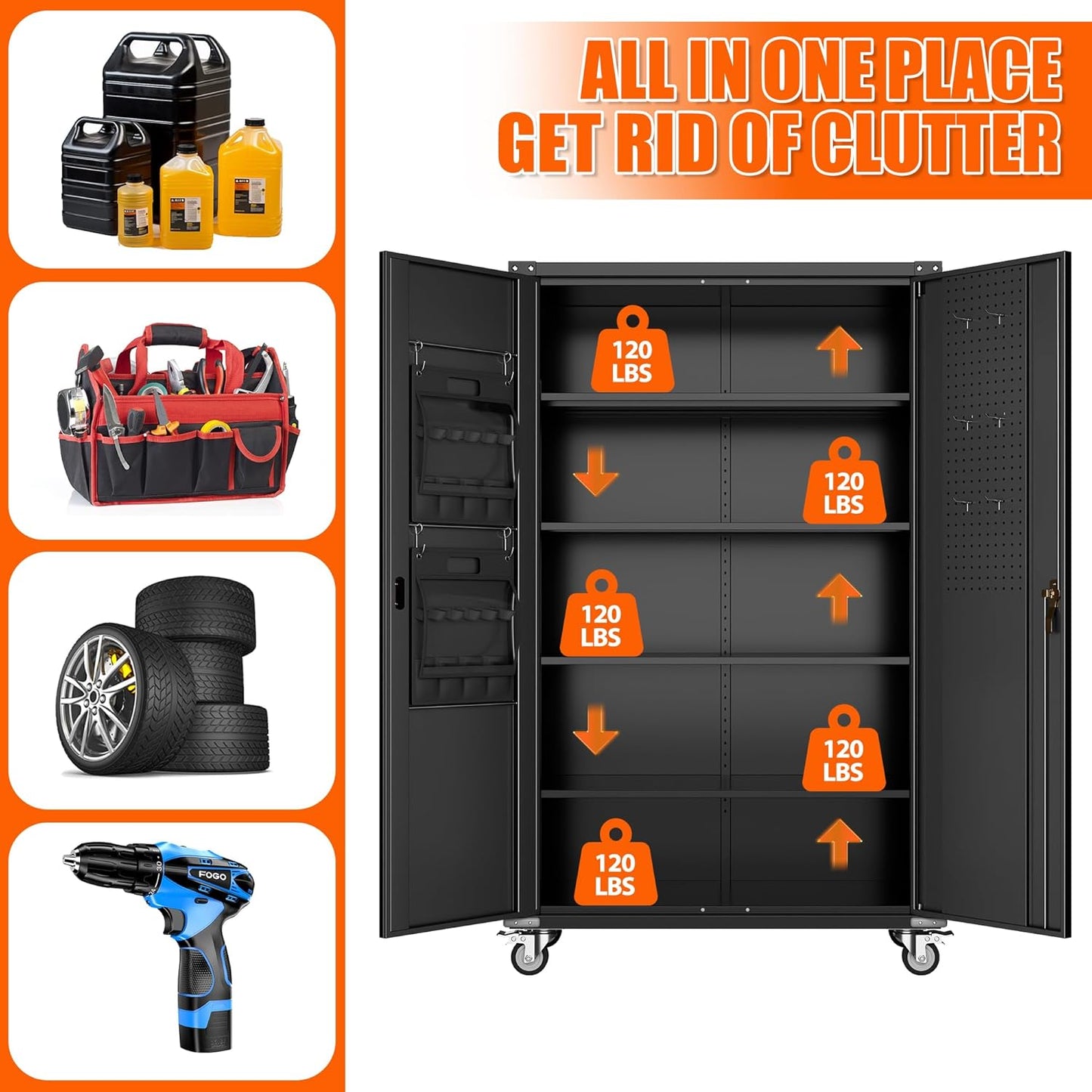 72" H Wide and Deep Garage Storage Cabinet with Wheels & Pegboard, Large Locking Metal Storage Cabinet with 2 Doors and 4 Adjustable Shelves for Garage, Home, Assembly Required, Black