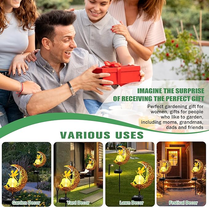 Garden Solar Lights Outdoor Decorative, Moon & Fairy Solar Stake Crackle Glass Globe, Gardening Gifts for Women, Garden Stake Lights Waterproof for Walkway, Yard, Lawn, Patio (Warm White)