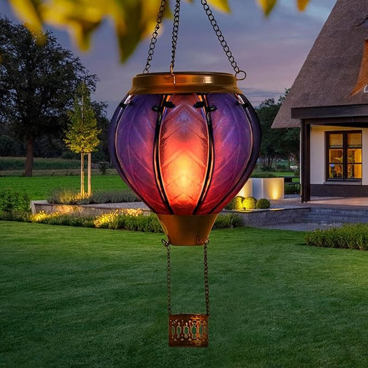 Hot Air Balloon Solar Lantern with Flickering Flame Hanging Solar Lights Outdoor Waterproof Lanterns for Garden Patio Yard Party Decoration Blue&Pink