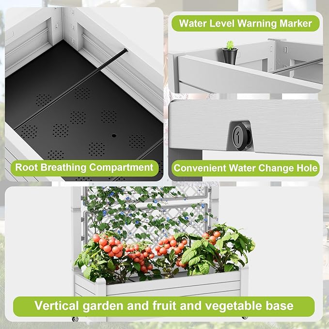 Elevated Raised Garden Bed with Trellis,Outdoor Large Resin Patio Planter Box Stand Divisible with Drain Plug,Water Monitor for Plants Vegetables Flowers Fruits (Ashen, 43.43 * 18.27 * 64.29)